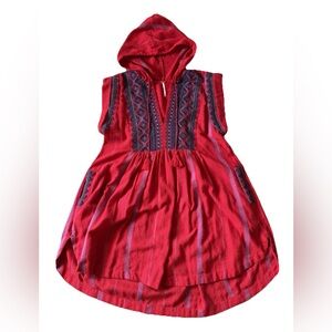 Free People Red Striped and Embroidered Peasant Poncho Hooded Dress Tunic XSmall